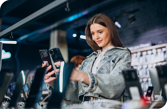 Woman in a workshop holding a mobile phone